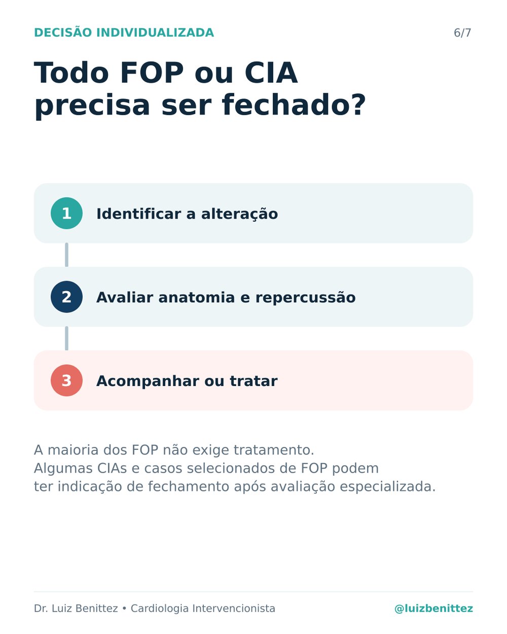Fluxo de decisão em três etapas: identificar a alteração, avaliar anatomia e repercussão, acompanhar ou tratar